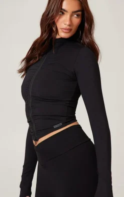 Black Brushed Sculpt Ruched Front Zip Up Sport Jacket