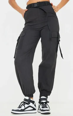Black Buckle Detail Belted Cargo Pants
