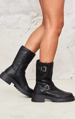 Black Buckle Detail Mid Calf Chunky Ankle Boots