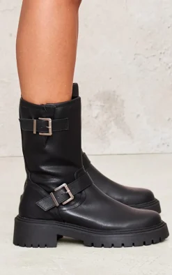 Black Buckle Detail Mid Calf Chunky Ankle Boots