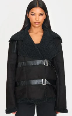 Black Buckle Trim Detail Aviator Jacket