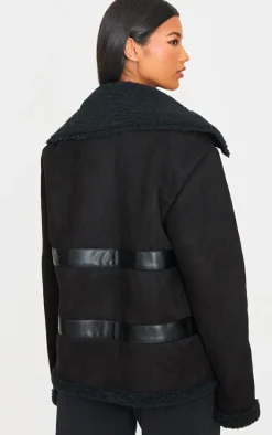 Black Buckle Trim Detail Aviator Jacket