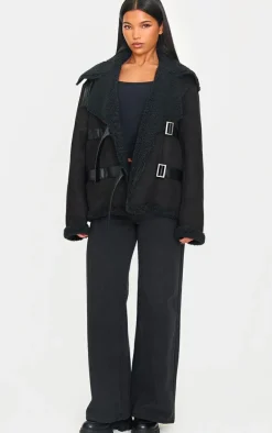 Black Buckle Trim Detail Aviator Jacket