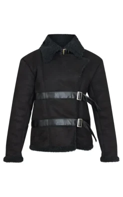 Black Buckle Trim Detail Aviator Jacket