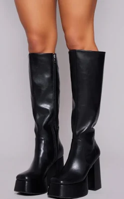 Black Burnish Faux Leather 70s Platform Knee High Boots