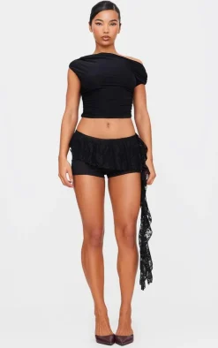 Black Burnout Mesh Lace Drape Hot Pants