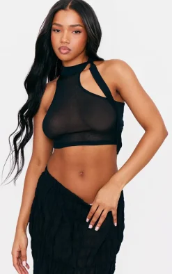 Black Burnout Mesh Tie Neck Crop Top