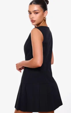 Black Button Down Pleated Hem Shift Dress
