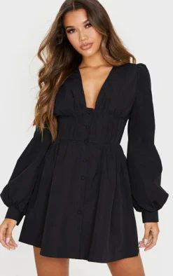Black Button Front Fitted Puff Sleeve Skater Dress