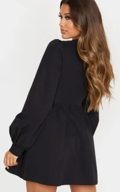 Black Button Front Fitted Puff Sleeve Skater Dress