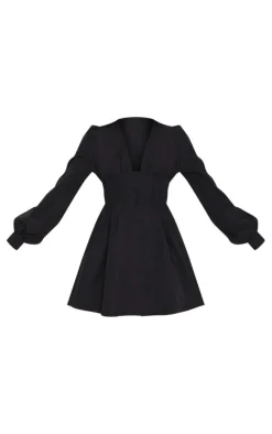 Black Button Front Fitted Puff Sleeve Skater Dress