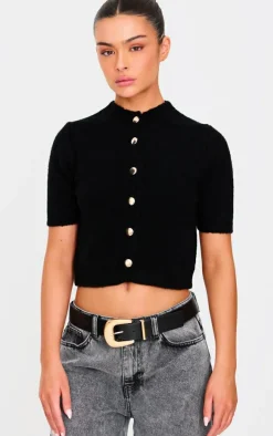 Black Button Up Cap Sleeve Boucle Knit Cardigan