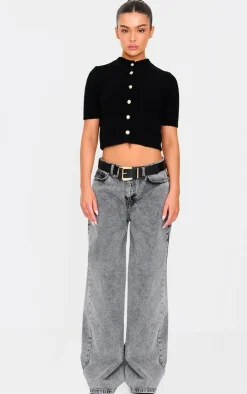 Black Button Up Cap Sleeve Boucle Knit Cardigan