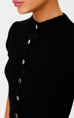 Black Button Up Cap Sleeve Boucle Knit Cardigan