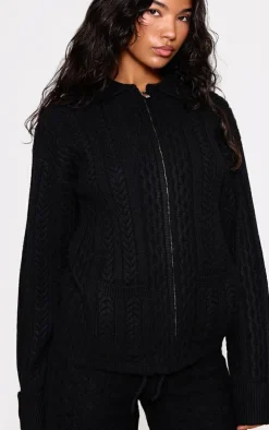 Black Cable Knit Collar Detail Zip Up Cardigan