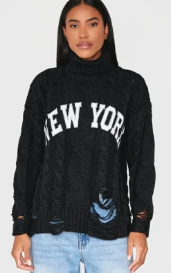 Black Cable Knit Distressed Hem Embroidered Roll Neck Sweater