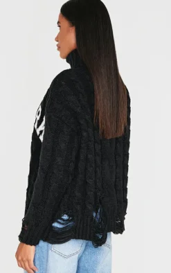 Black Cable Knit Distressed Hem Embroidered Roll Neck Sweater