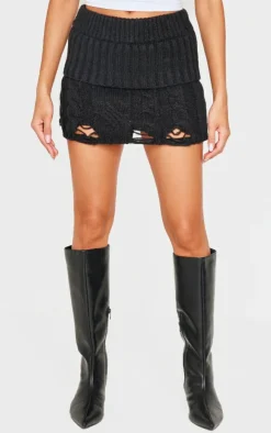 Black Cable Knit Distressed Hem Fold Over Mini Skirt