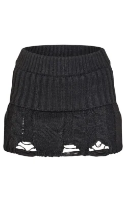 Black Cable Knit Distressed Hem Fold Over Mini Skirt