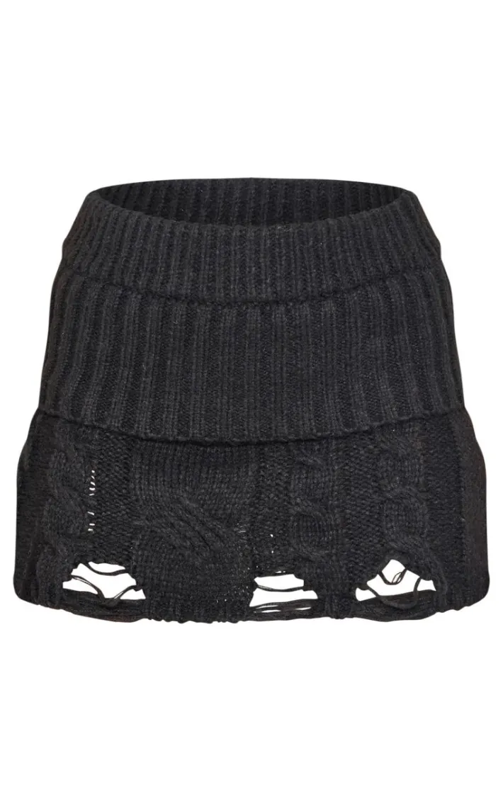 Black Cable Knit Distressed Hem Fold Over Mini Skirt