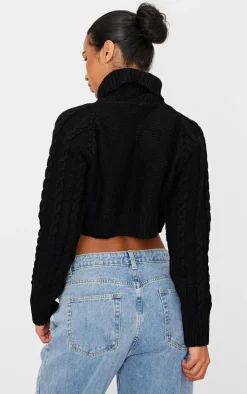 Black Cable Knit Wide Roll Neck Heart Cut Out Sweater