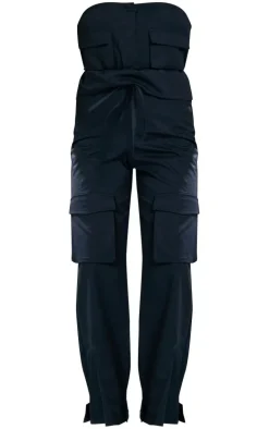 Black Cargo Bandeau Pocket Detail Frill Waist Jumpsuit