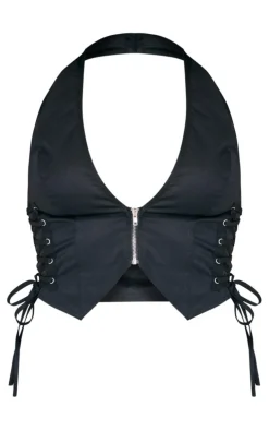 Black Cargo Lace Up Side Zip Up Crop Top