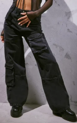 Black Cargo Pocket Wide Leg Jeans