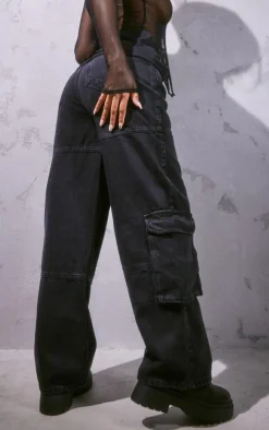 Black Cargo Pocket Wide Leg Jeans