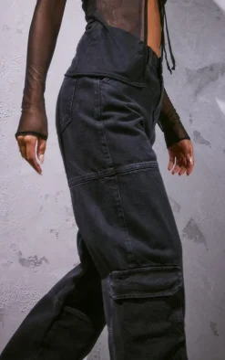 Black Cargo Pocket Wide Leg Jeans