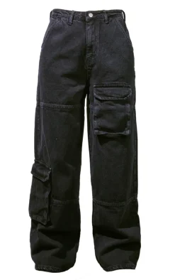 Black Cargo Pocket Wide Leg Jeans