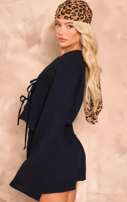 Black Cheesecloth Tie Front Long Sleeve Top