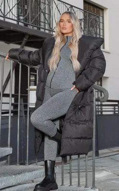Black Chevron Quilted Maxi Puffer Coat