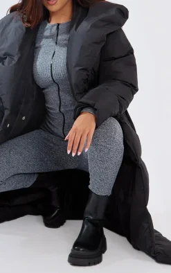 Black Chevron Quilted Maxi Puffer Coat