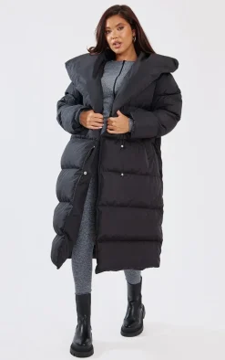 Black Chevron Quilted Maxi Puffer Coat