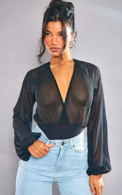 Black Chiffon Balloon Sleeve Plunge Bodysuit