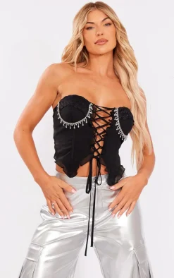 Black Chiffon Boned Diamante Trim Lace Up Bandeau Crop Top