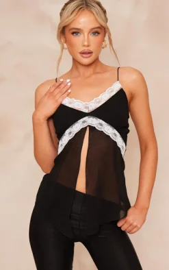Black Chiffon Contrast Late Strappy Cami Top