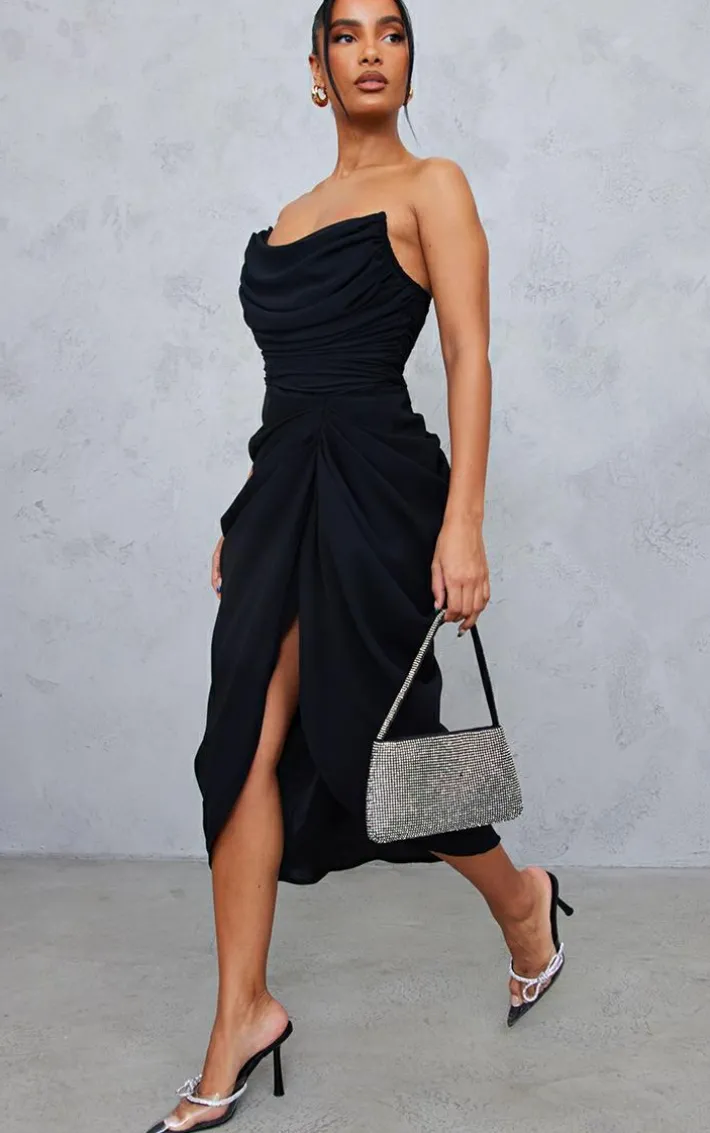 Black Chiffon Corset Bandeau Draped Midi Dress