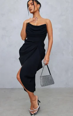 Black Chiffon Corset Bandeau Draped Midi Dress