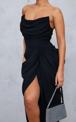 Black Chiffon Corset Bandeau Draped Midi Dress
