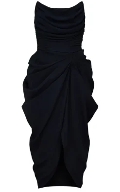 Black Chiffon Corset Bandeau Draped Midi Dress