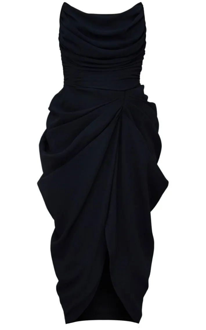 Black Chiffon Corset Bandeau Draped Midi Dress