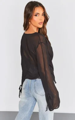 Black Chiffon Cowl Long Sleeve Blouse