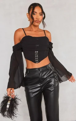 Black Chiffon Drape Hook And Eye Flare Sleeve Corset