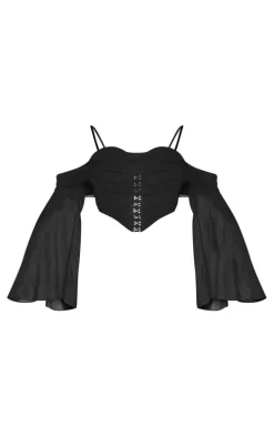Black Chiffon Drape Hook And Eye Flare Sleeve Corset
