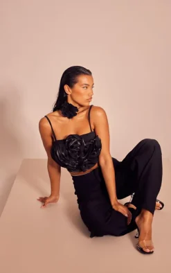 Black Chiffon Floral Applique Crop Top