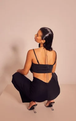 Black Chiffon Floral Applique Crop Top