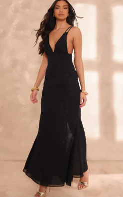 Black Chiffon Floral Detail Maxi Dress