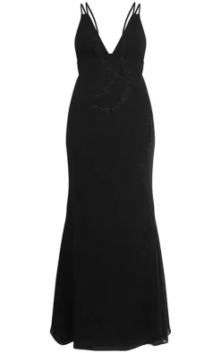 Black Chiffon Floral Detail Maxi Dress